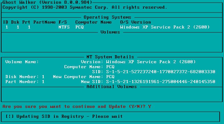 Εικόνα 77 Symantec Ghost Corporate: αλλαγή SID Μετά την ολοκλήρωση το μενού του ghostwalker επιστρέφει σε DOS prompt. 3.2.
