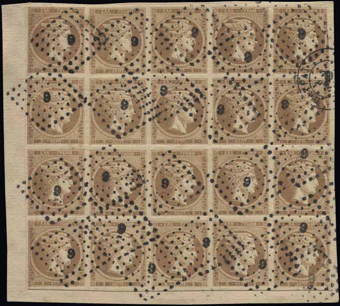 17 116 (150%) Lot. 116 The largest known used block of 2l. consecutive printings 1862-67 used in Patrai, 2l. o 6500 yellow-brown Ochre, (Con/dis 28a Hellas 16a). Early fair, solid impression, pos.