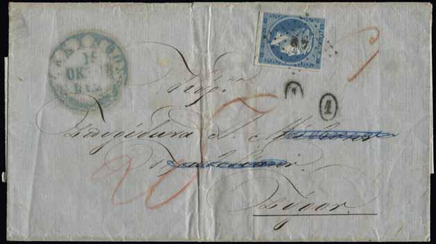 (Hellas 2c+12IIa+14IIa+21b). Lot. 369 EL from «ΖΑΚΥΝΘΟΣ*19.ΟΚΤΩΒ.1862» (pre-adhesive) to Syros.