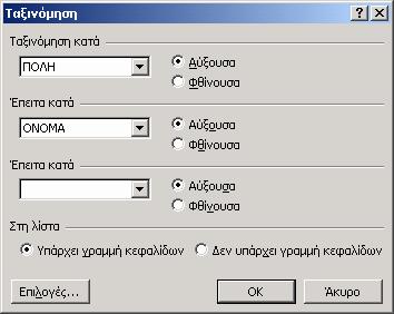 4. Από το δεύτερο πτυσσόµενο πλαίσιο επιλέγουµε ΟΝΟΜΑ, για να ταξινοµήσουµε τους πελάτες και ως προς το όνοµα.