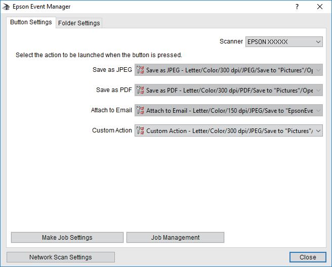 Σάρωση 6. Βεβαιωθείτε ότι έχει επιλεγεί το Προσαρμοσμένη ενέργεια στη λίστα Προσαρμοσμένη ενέργεια. 7. Επιλέξτε Κλείσιμο για να κλείσετε το Epson Event Manager.