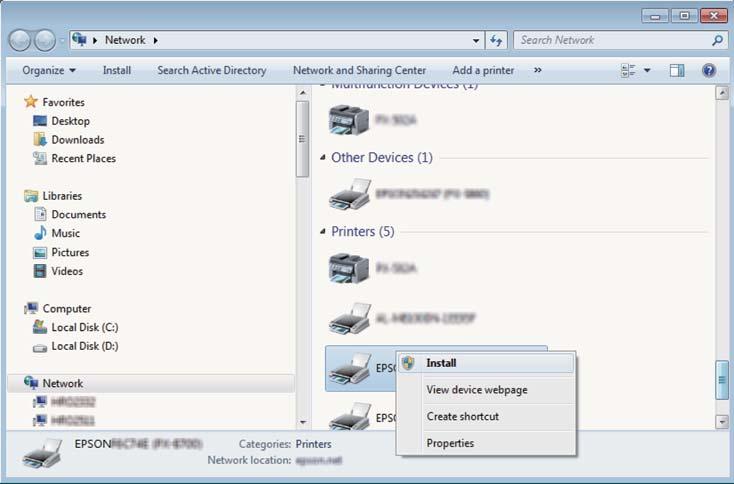 Σάρωση 2. Κάντε κλικ στην Έναρξη και, στη συνέχεια, επιλέξτε Δίκτυο στον υπολογιστή. 3. Κάντε δεξί κλικ στον εκτυπωτή και, στη συνέχεια, κάντε κλικ στην Εγκατάσταση.