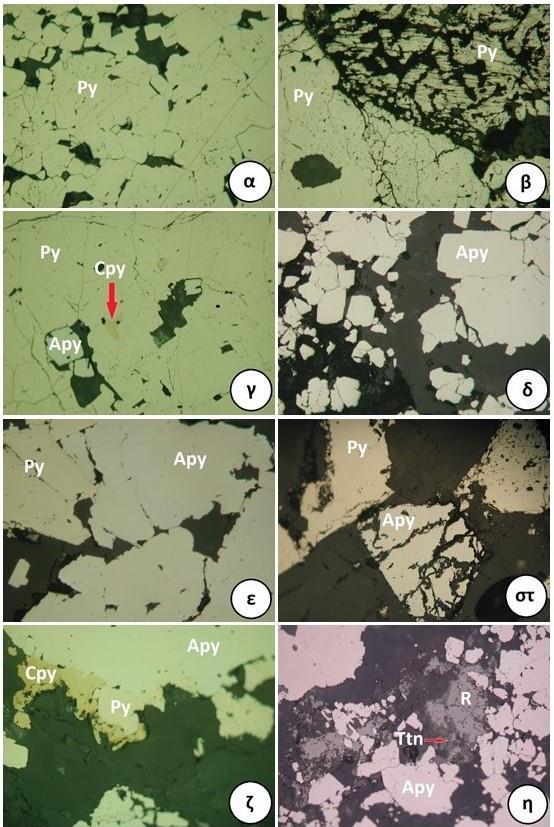 Εικόνα 4.12. Μικροφωτογραφίες από πολωτικό μικροσκόπιο ανακλώμενου φωτός του πέμπτου τύπου μεταλλοφορίας της περιοχής Κολχικού, (Nicols //): α) Χαρακτηριστικός πολυγωνικός ιστός σιδηροπυρίτη.