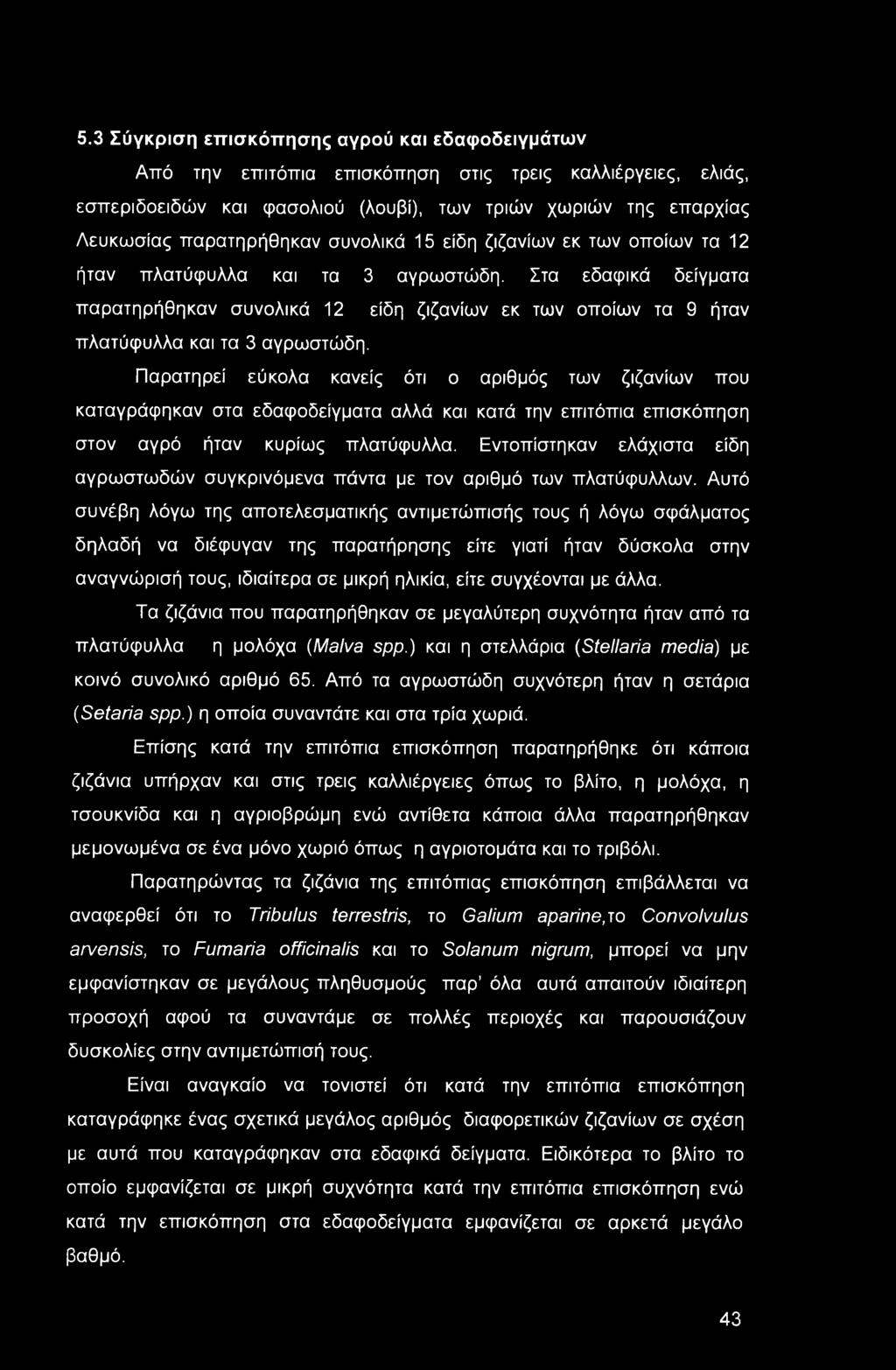 5.3 Σύγκριση επισκόπησης αγρού και εδαφοδειγμάτων Από την επιτόπια επισκόπηση στις τρεις καλλιέργειες, ελιάς, εσπεριδοειδών και φασολιού (λουβί), των τριών χωριών της επαρχίας Λευκωσίας παρατηρήθηκαν