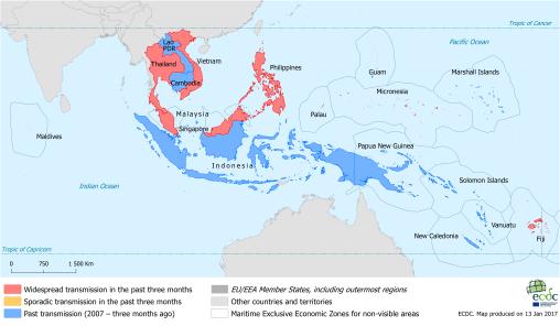 Το 2014 αναφέρθηκαν κρούσματα από τον ιό Zika στην Αφρική, στη Νοτιοανατολική Ασία και στα νησιά του Ειρηνικού Ωκεανού.