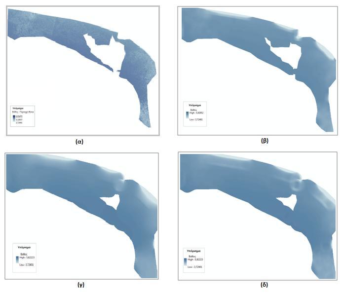 Στην εικόνα 71 παρουσιάζονται συγκεντρωτικά το αρχικό ψηφιδωτό μαζί με τους ομαλοποιημένους βαθυμετρικούς χάρτες, έπειτα από την τελική εφαρμογή των χωρικών φίλτρων.