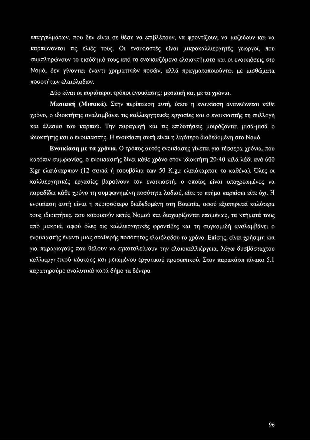 πραγματοποιούνται με μισθώματα ποσοτήτων ελαιόλαδων. Δύο είναι οι κυριότεροι τρόποι ενοικίασης: μεσιακή και με τα χρόνια. Μεσιακή (Μισακά).