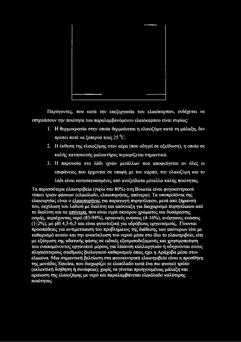 Παράγοντες, που κατά την επεξεργασία του ελαιόκαρπου, ενδέχεται να επηρεάσουν την ποιότητα του παραλαμβανόμενου ελαιόκαρπου είναι κυρίως: 1.