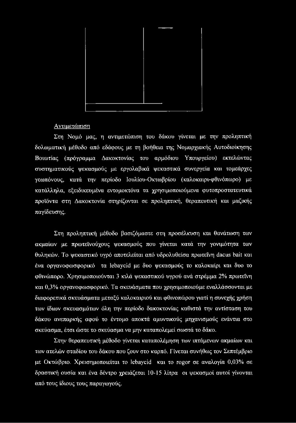 εντομοκτόνα τα χρησιμοποιούμενα φυτοπροστατευτικά προϊόντα στη Δακοκτονία στηρίζονται σε προληπτική, θεραπευτική και μαζικής παγίδευσης.