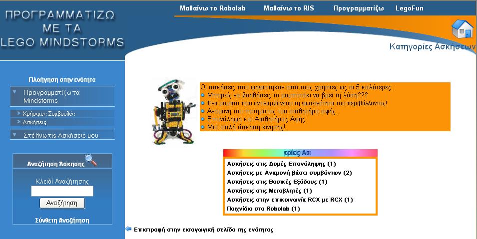 Εικόνα 9.2.7. Ενότητα Προγραμματίζω Προβολή κατηγοριών ασκήσεων Εικόνα 9.2.8.