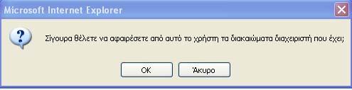 Εικόνα 9.4.14. Ερώτημα επιβεβαίωσης αφαίρεσης δικαιωμάτων διαχειριστή Εικόνα 9.4.15.
