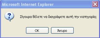 Μήνυμα επιτυχούς τροποποίησης κατηγορίας Επίσης, ο διαχειριστής μπορεί να διαγράψει μια κατηγορία, όταν αυτή δεν περιέχει ασκήσεις.