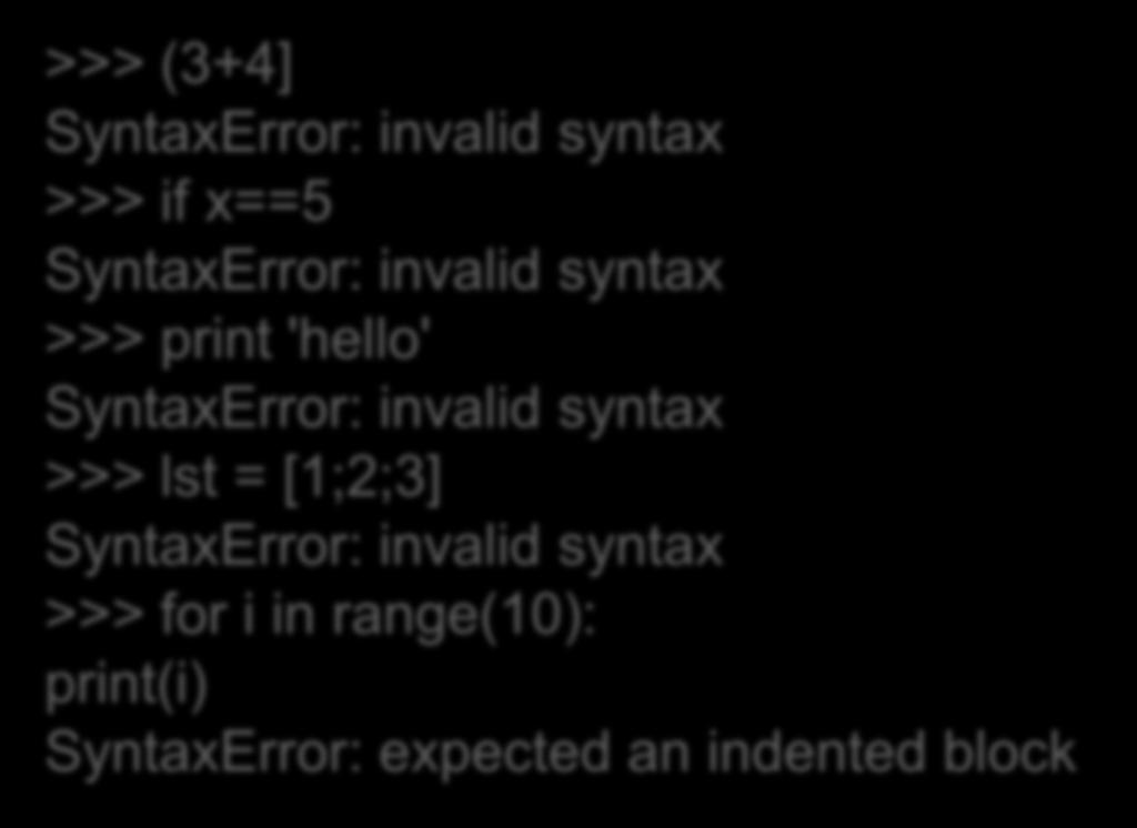Συντακτικά Λάθη Είναι σημαντικό να καταλάβουμε το συντακτικό λάθος και να το διορθώσουμε >>> (3+4] SyntaxError: invalid syntax >>> if x==5 SyntaxError: invalid syntax