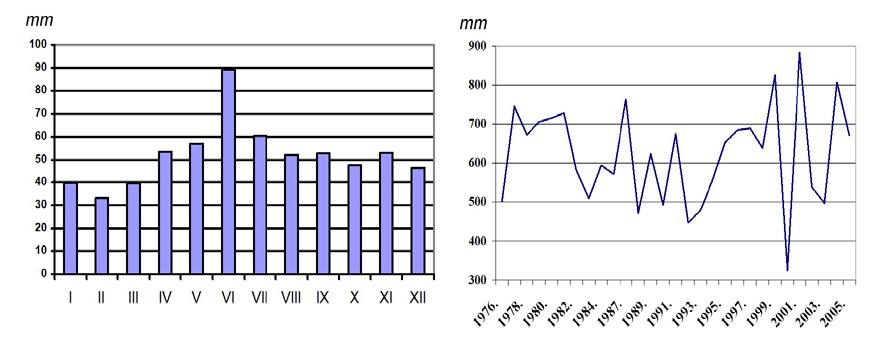 просеку имају око 19 падавинских дана, а пролећни 21,5. Оваква расподела падавина у погледу развоја флоре је добра јер током вегетационог периода влаге има довољно.