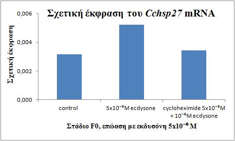 ~ 97 ~ β. Επίδραση της ορμόνης εκδυσόνης στην έκφραση του γονιδίου Cchsp27 στις ωοθήκες Ογδόντα ωοθήκες από το στάδιο F0 και 80 από το στάδιο F1, ενώ από το στάδιο F2 απομονώθηκαν 40.