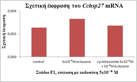 ~ 98 ~ Εικόνα 4.6. Σχετική έκφραση του Cchsp27 mrna στις ωοθήκες θηλυκών (F1) ύστερα από επώαση με εκδυσόνη για 5 ώρες. Η έκφραση του Cchsp27 mrna εκτιμήθηκε με τη μέθοδο two-step real-time PCR.