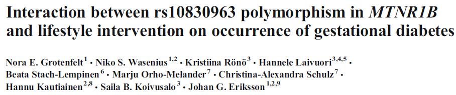 Aims/hypothesis The aim of this study was to assess the interaction between melatonin receptor 1B gene (MTNR1B) rs10830963 polymorphism and lifestyle intervention during pregnancy on occurrence of