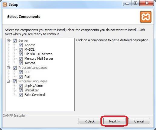 Εικόνα 4δ Setup XAMPP Κατόπιν επιλέγουμε ποια από τα χαρακτηριστικά του XAMPP θέλουμε να εγκατασταθούν και επιλέγουμε