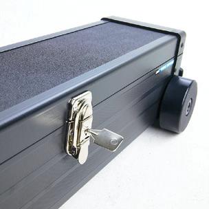 Solid black aluminium casing with three handles and four wheels. Quick and easy to set up because of the scissor mechanism.