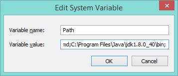 Ενημέρωση μεταβλητής PATH Στο παράθυρο που ανοίγει, προσθέτουμε στο τέλος του Variable Value (Τιμή μεταβλητής), την τοποθεσία που βρίσκονται τα εκτελέσιμα αρχεία του JDK που εγκαταστήσαμε.