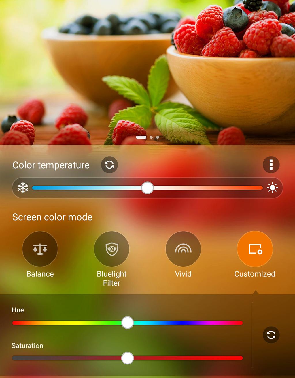 Ζωηρή λειτουργία Η λειτουργία αυτή παρέχει μια ένα προκαθορισμένο χρωματικό στοιχείο μικροσυντονισμού που εμπλουτίζει το χρώμα της οθόνης του ASUS Tablet σας.