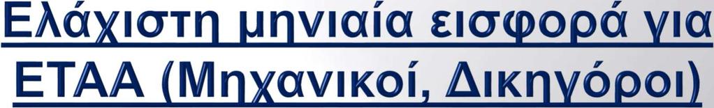 Ετη Ασφάλισης Κύρια Ασφάλιση 20% Υγειονομική Περίθαλψη 6,95% Επικουρική Ασφάλιση 7% Κλάδος Πρόνοιας 4% ΕΛΑ Σύνολο 37,95% Ασφαλιστική Οφειλή >5 (άνω 5ετίας)