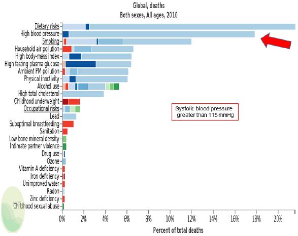 Increased blood pressure (red arrow) is the second leading risk