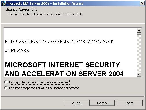 Γίνεται αποδεκτή η άδεια χρήσης του προϊόντος. Εικόνα 158 MS ISA Server 2004: Αποδοχή όρων άδειας χρήσης Εισάγονται τα στοιχεία χρήστη.