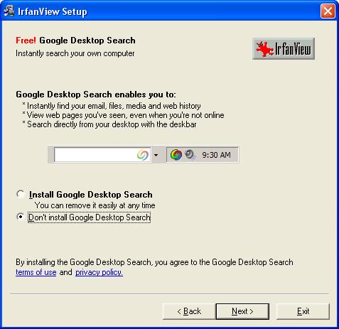 Επιλέγεται η μη εγκατάσταση του Google Desktop Search: