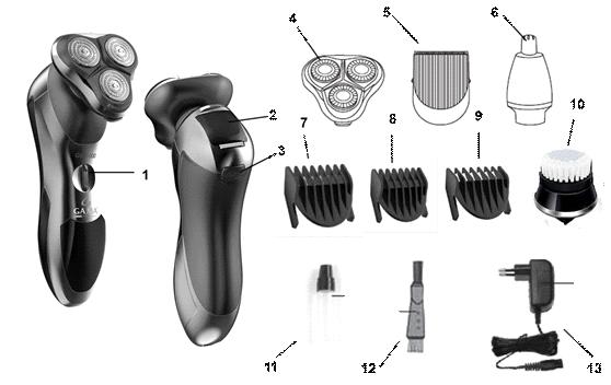 Shaving head 5. Clipper head 6. Nose/ear trimmer 7.