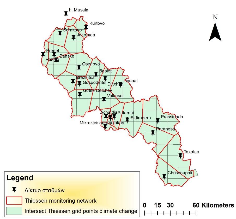 Στη συνέχεια και πάλι με τη βοήθεια των Γεωγραφικών Συστημάτων Πληροφοριών έγινε υπερθεμάτιση των πολυγώνων Thiessen που είχαν δημιουργηθεί βάση του δικτύου των σταθμών παρακολούθησης, πάνω στο
