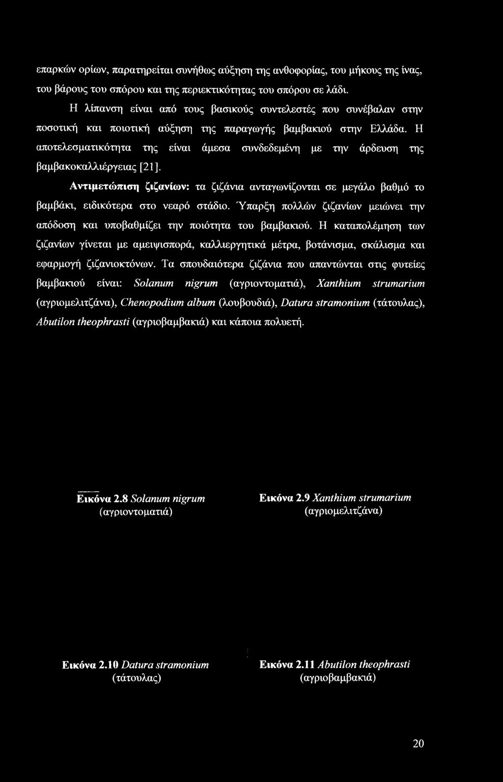 Η αποτελεσματικότητα της είναι άμεσα συνδεδεμένη με την άρδευση της βαμβακοκαλλιέργειας [21]. Αντιμετώπιση ζιζανίων: τα ζιζάνια ανταγωνίζονται σε μεγάλο βαθμό το βαμβάκι, ειδικότερα στο νεαρό στάδιο.