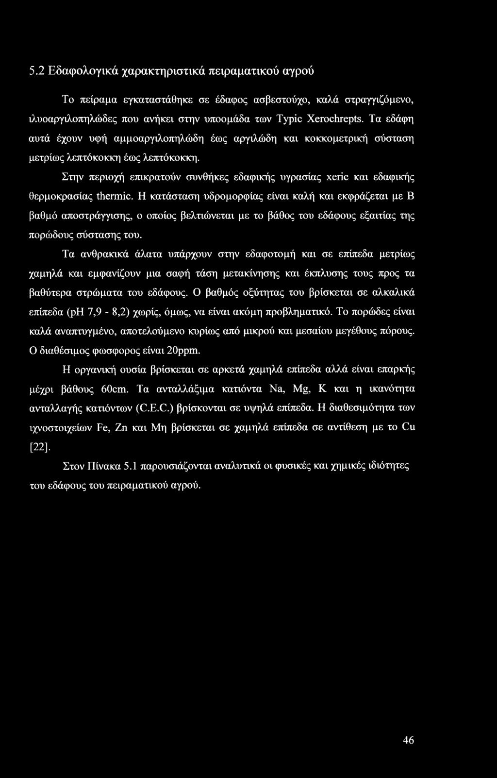 Στην περιοχή επικρατούν συνθήκες εδαφικής υγρασίας xeric και εδαφικής θερμοκρασίας thermic.