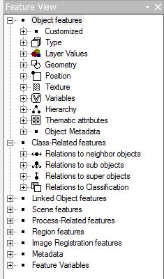 4. Βασική Μεθοδολογία Σχήμα 4.2 - Το εργαλείου Feature View και τα χαρακτηριστικά γνωρίσματα που διαθέτει, στο λογισμικό ecognition.