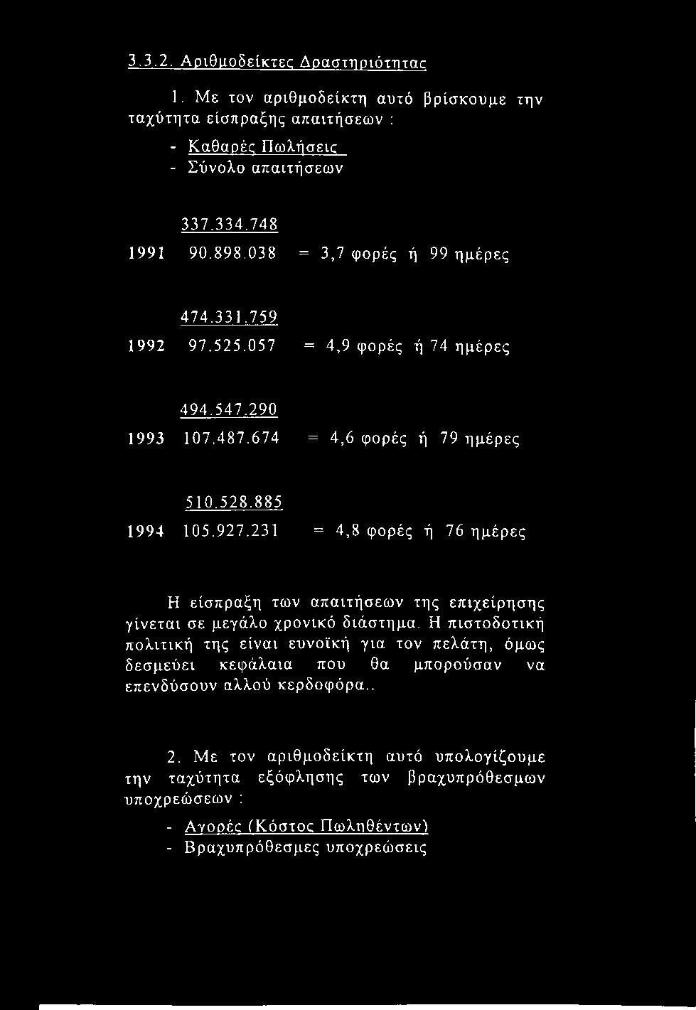 3.3.2. Αριθαοδείκτες Δράστηριότ-ηταε 1. Με τον αριθμοδείκτη αυτό βρίσκουμε την ταχύτητα είσπραξης απαιτήσεων : - Καθαρέο Πωλήσεκ - Σύνολο απαιτήσεων 337.334.748 1991 90.898.