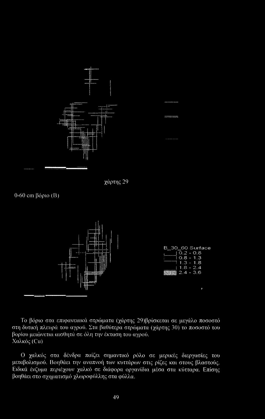 Στα βαθύτερα στρώματα (χάρτης 30) το ποσοστό του βορίου μειώνεται αισθητά σε όλη την έκταση του αγρού.