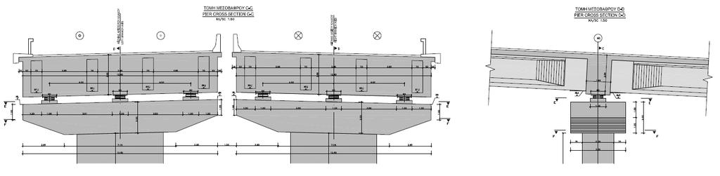 προκατασκευασμένων δοκών είναι 34.00m για τα ακραία ανοίγματα και 37.50m για τα μεσαία ανοίγματα. Ο φορέας συμπληρώνεται με πρόπλακες πάχους 0.