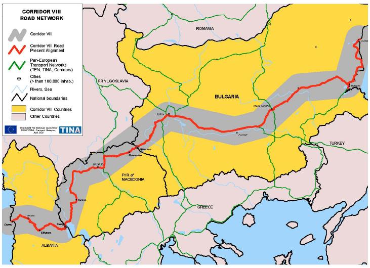 Σχήμα 3.6: Διαδρομος VIII (Πηγή: Παρατηρητήριο Εγνατίας Οδού (2005)) 3.2.4 Πανευρωπαϊκός Διάδρομος IX Ο Πανευρωπαϊκός Διάδρομος IX είναι ο μεγαλύτερος πολυμεσικός διάδρομος από τους δέκα του δικτύου TINA.