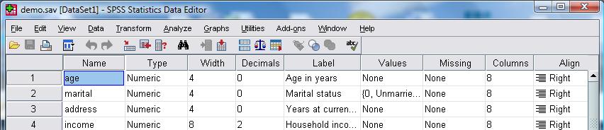 Εισαγωγή δεδομένων Name: όνομα του χαρακτηριστικού στη στήλη του Data Editor Type: τύπος των δεδομένων (αριθμητικά, ορμαθός χαρακτήρων) Width: μέγιστο πλήθος ψηφίων ή χαρακτήρων Decimal Places: