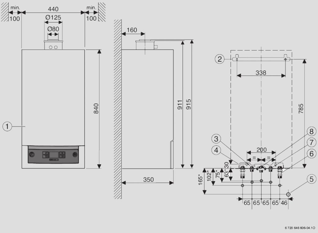 Logamax plus GB072 Závesný kondenzačný kotol 3,2-24,0 kw Logamax plus GB072 1 Rozmery a pripojenia Logamax plus GB072 1 plášť 2 držiak na stenu 3 výstup zásobníka/túv (príslušenstvo) 4 výstup