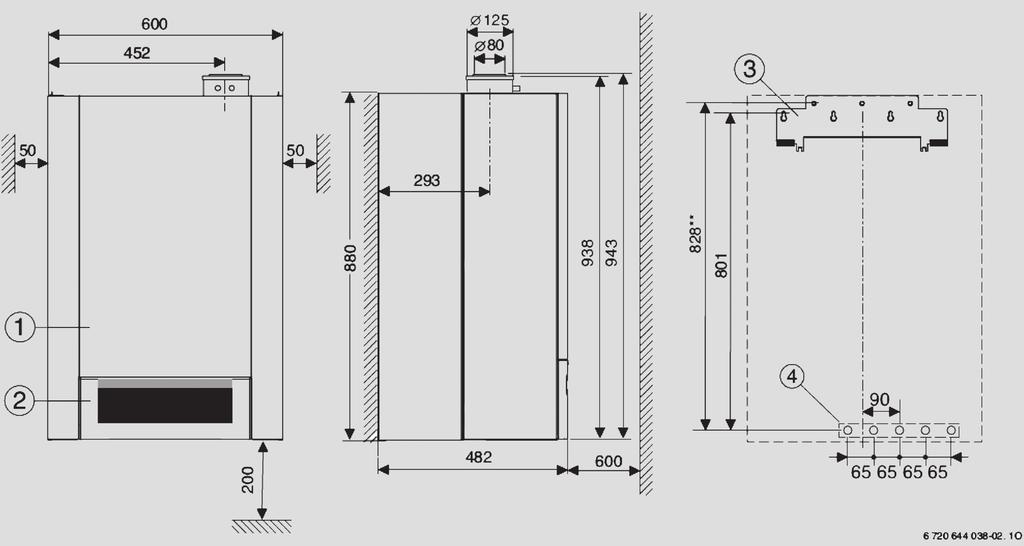 Logamax plus GB172 Závesný kondenzačný kotol 3,2-24,0 kw 1 Logamax plus GB172 Rozmery a pripojenia Logamax plus GB172 1 - kryt 2 - tienidlo 3 - závesná lišta 4 - výstup zásobníka/teplá voda