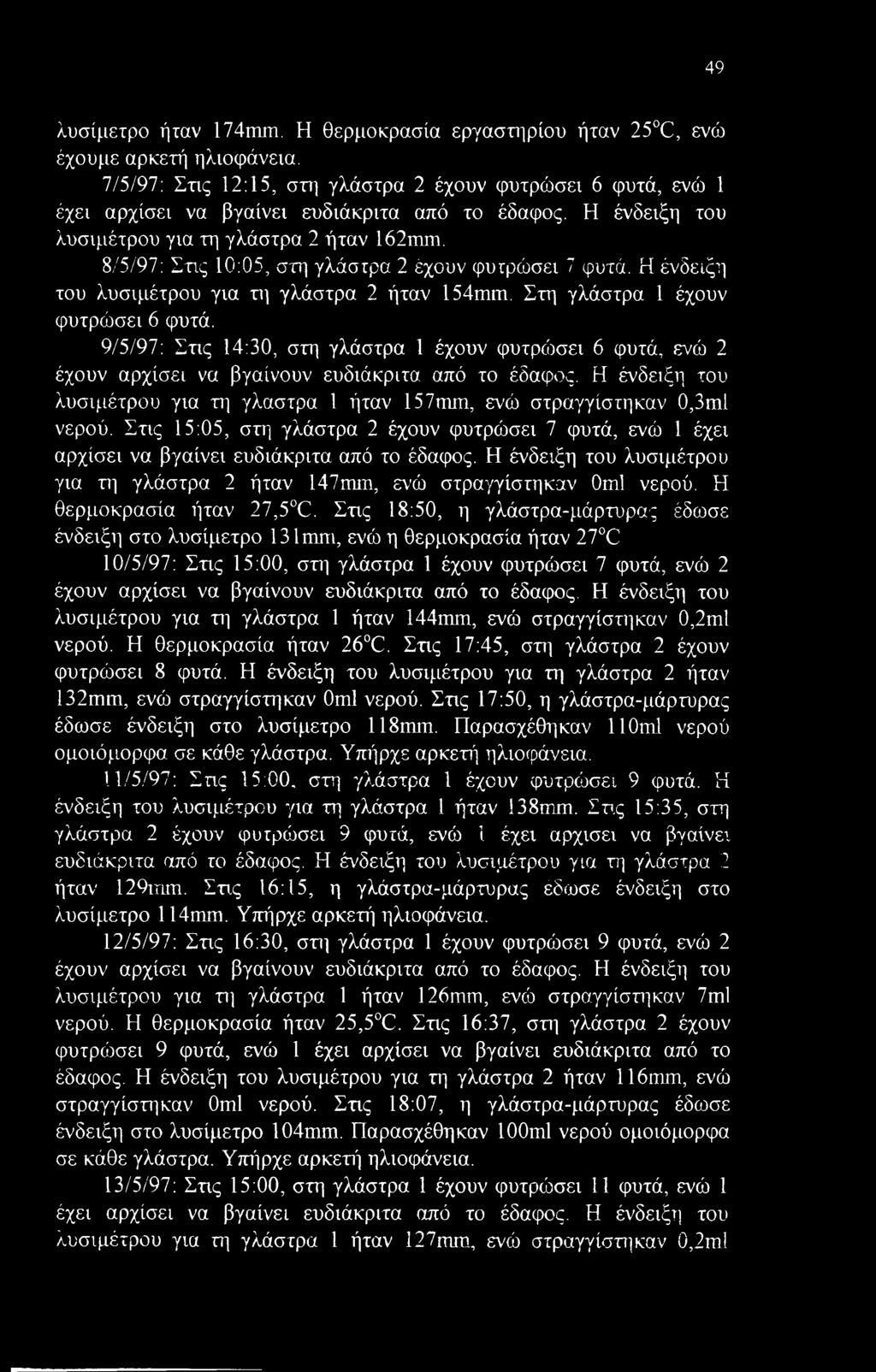 8/5/97: Στις 10:05, στη γλάστρα 2 έχουν φυτρώσει 7 φυτά. Η ένδειξη του λυσιμέτρου για τη γλάστρα 2 ήταν 154mm. Στη γλάστρα 1 έχουν φυτρώσει 6 φυτά.