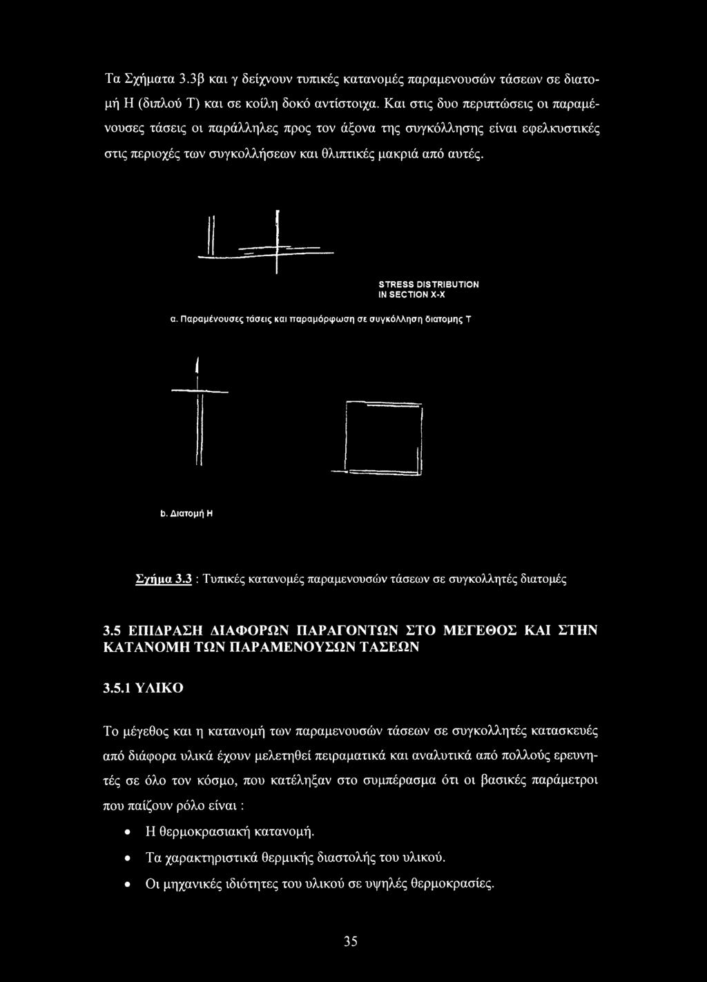 STRESS DISTRIBUTION IN SECTION X-X α. Παραμένουσες τάσεις και παραμόρφωση σε συγκόλληση δίστομης Τ b. Διατομή Η Σγιίιια 3.3 : Τυπικές κατανομές παραμενουσών τάσεων σε συγκολλητές διατομές 3.