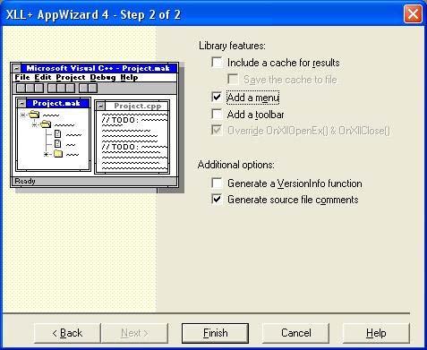 Σχήμα 3. Βήμα 2 του XLL+ AppWizard. Το project είναι έτοιμο και όλα τα αρχεία κώδικα (source files) περιέχουν χρήσιμα σχόλια που είναι συμβατά με τις υπόλοιπες δυνατότητες του XLL+.