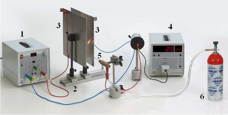 Intensitatea câmpului electic şi potenţialul electic înt-un condensato 5 Fig. 6: 1. susă de înaltă tensiune; 2. banc optic cu supoţi pentu amătui; 3. amătuile condensatoului; 4.