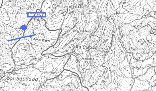 1 2 Εικόνα 4.5: Απόσπασμα τοπογραφικού χάρτη της περιοχής ενδιαφέροντος (Λαζαρόπουλος Όπου: από ΓΥΣ, 1972) 1 η διεύθυνση της κατολίσθησης.
