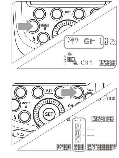 1. Επιλέξτε τη λειτουργία <Gr> Πατήστε το κουμπί <MODE> και επιλέξτε τη λειτουργία Gr 2. Επιλέξτε το group Επιλέξτε το group κάθε slave μονάδας ξεχωριστά.