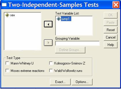 Στο αριστερό πεδίο του πλαισίου διαλόγου «Two-Independet-Samples Tests» (Εικ.2) εμφανίζονται οι μεταβλητές του αρχείου (jump1 και sex).