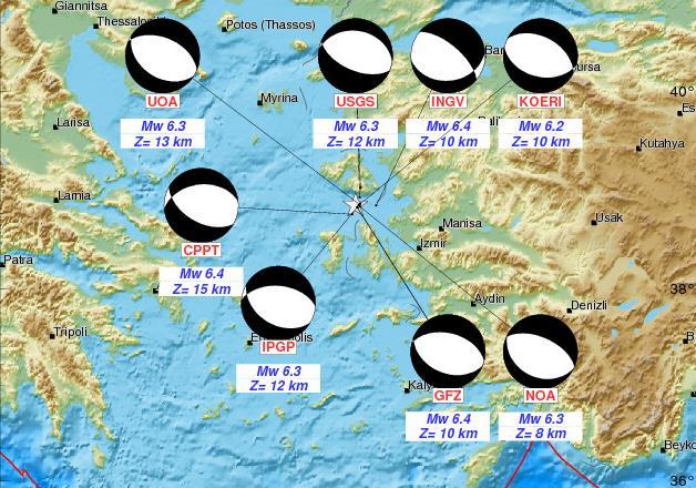 θέση του επικέντρου. Το χρώμα και το μέγεθος των κύκλων αντιστοιχούν στη τιμή της μακροσεισμικής έντασης σύμφωνα με το υπόμνημα.