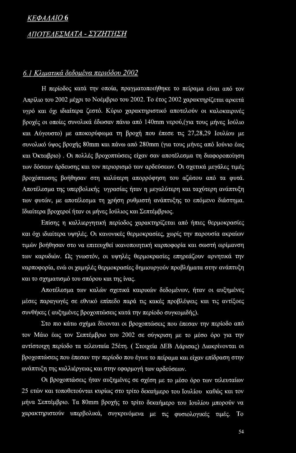 Κύριο χαρακτηριστικό αποτελούν οι καλοκαιρινές βροχές οι οποίες συνολικά έδωσαν πάνω από 140mm νερού,(για τους μήνες Ιούλιο και Αύγουστο) με αποκορύφωμα τη βροχή που έπεσε τις 27,28,29 Ιουλίου με